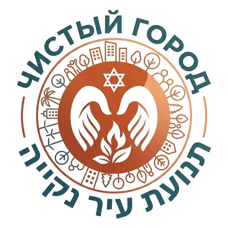 Эмблема движения «Чистый город»: феникс в круге из городских зданий и деревьев, надпись на русском и иврите